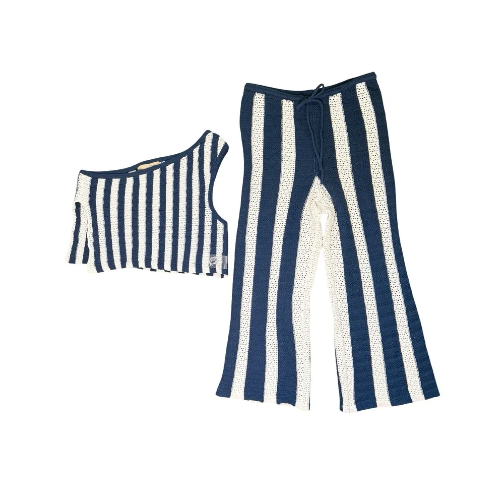 Free People free-est Joan‎ Fauxchet Set XL NWT Blue Cream One Shoulder Knit